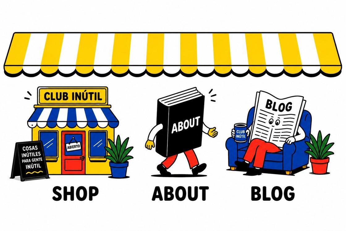 Menú Club Inútil: Shop, About y Blog