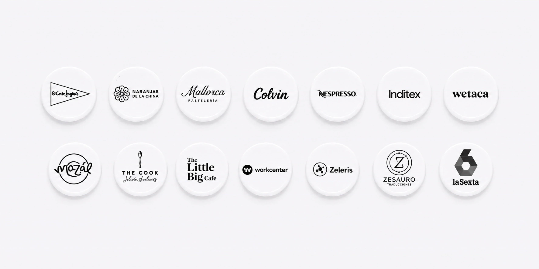Clientes de Sinergia: El Corte Inglés, Inditex, Nespresso, Colvin, Mallorca Pastelería, Naranjas de la China, Wetaca, The Little Big Café, The Cook, Workcenter, Zeleris, Zesauro, Mazal