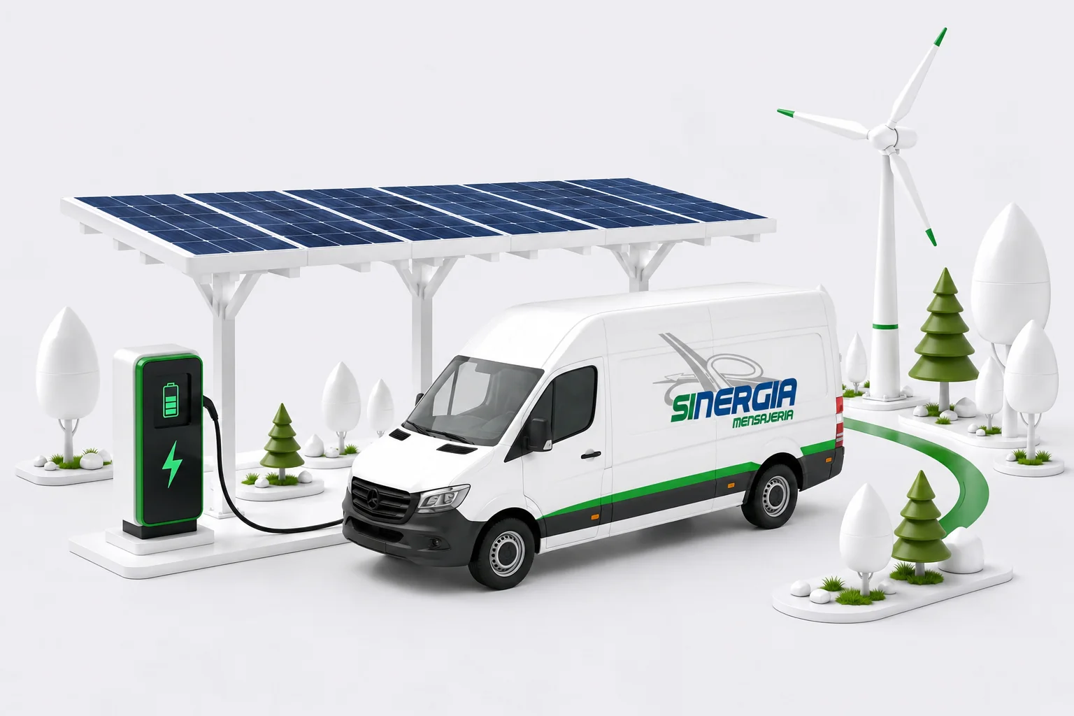 Furgoneta eléctrica Sinergia cargando con energía solar y eólica